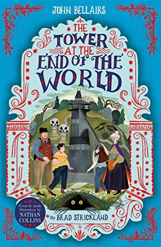 Book cover: children with adults near a dark tower on a hill.