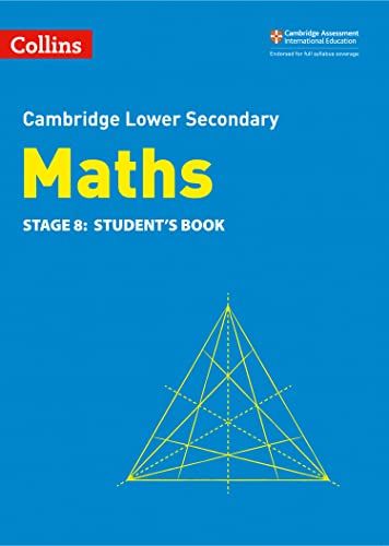 Blue textbook cover with "Maths Stage 8" text and geometric triangle.