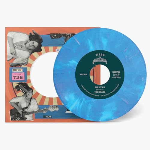 A blue marbled vinyl record next to its illustrated sleeve featuring a band member.