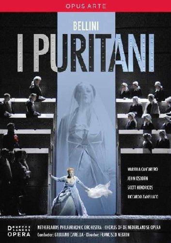 DVD cover for "I Puritani" featuring a woman in a white dress.