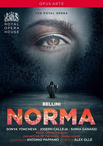 DVD cover for Bellini’s “Norma” opera featuring a dramatic eye and figure.