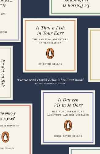 Book cover with multiple framed titles in different languages on a dark blue background.