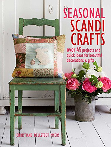 Craft book cover with a patchwork cushion, flowers, and a green chair.