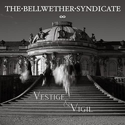 Black and white album cover with a grand building and blurred figures.