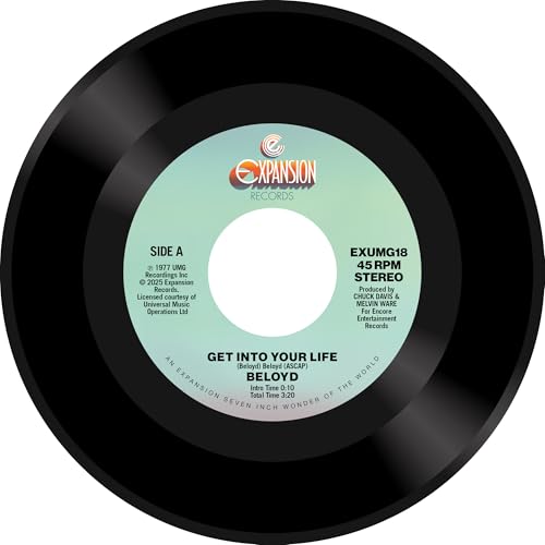 Black vinyl record label with turquoise center, displaying “Beloyd - Get Into Your Life.”