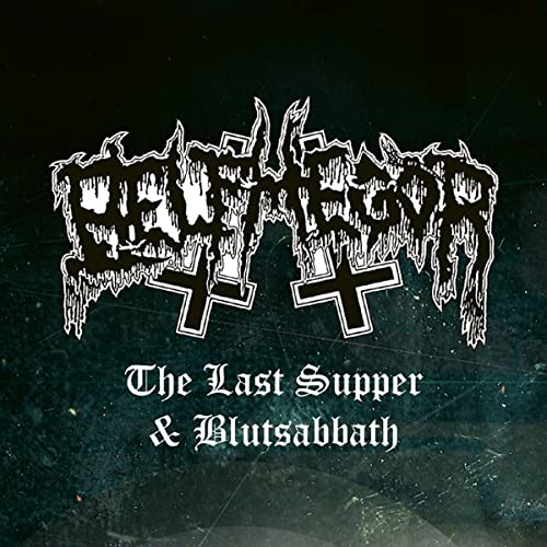 Black and white album cover with ornate band logo and crosses.