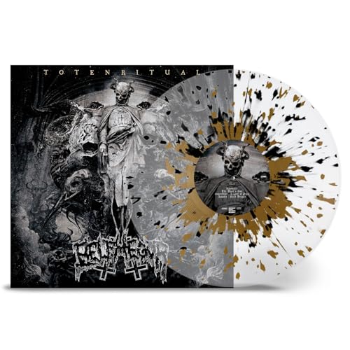 Belphegor Totenritual vinyl record with black and gold splatter on a clear disc.