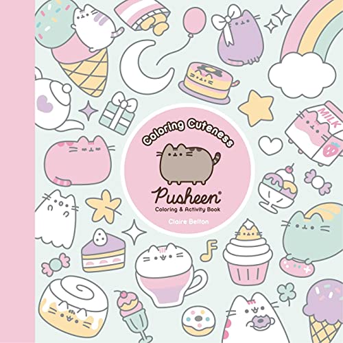 Pusheen coloring book cover featuring cute cat illustrations, sweets, and pastel icons on mint.