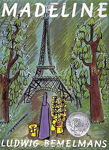 Book cover of "Madeline" showing the Eiffel Tower and children in a line.