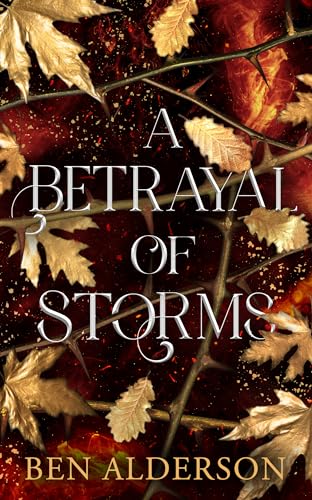Book cover with golden leaves and thorny branches over a dark, fiery red background.
