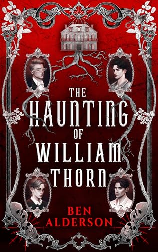 Book cover with a red background, a house, four portraits, and ornate gothic borders.