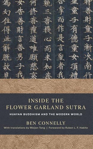 Book cover with gold patterned background and black text, “Inside the Flower Garland Sutra.”
