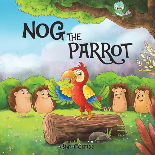 Book cover: parrot with hedgehogs, illustrated in a bright, whimsical style.