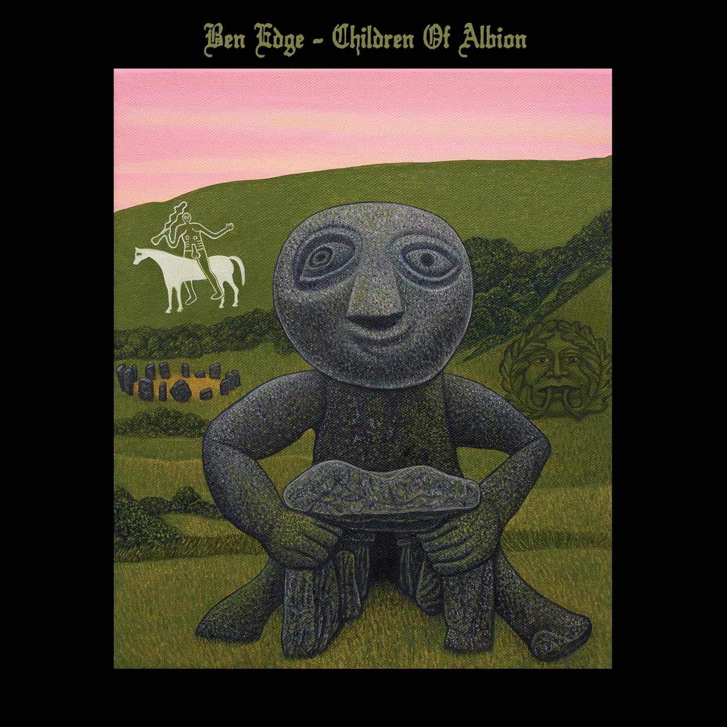 Album cover: stylized stone face, figures, and landscape in muted tones.