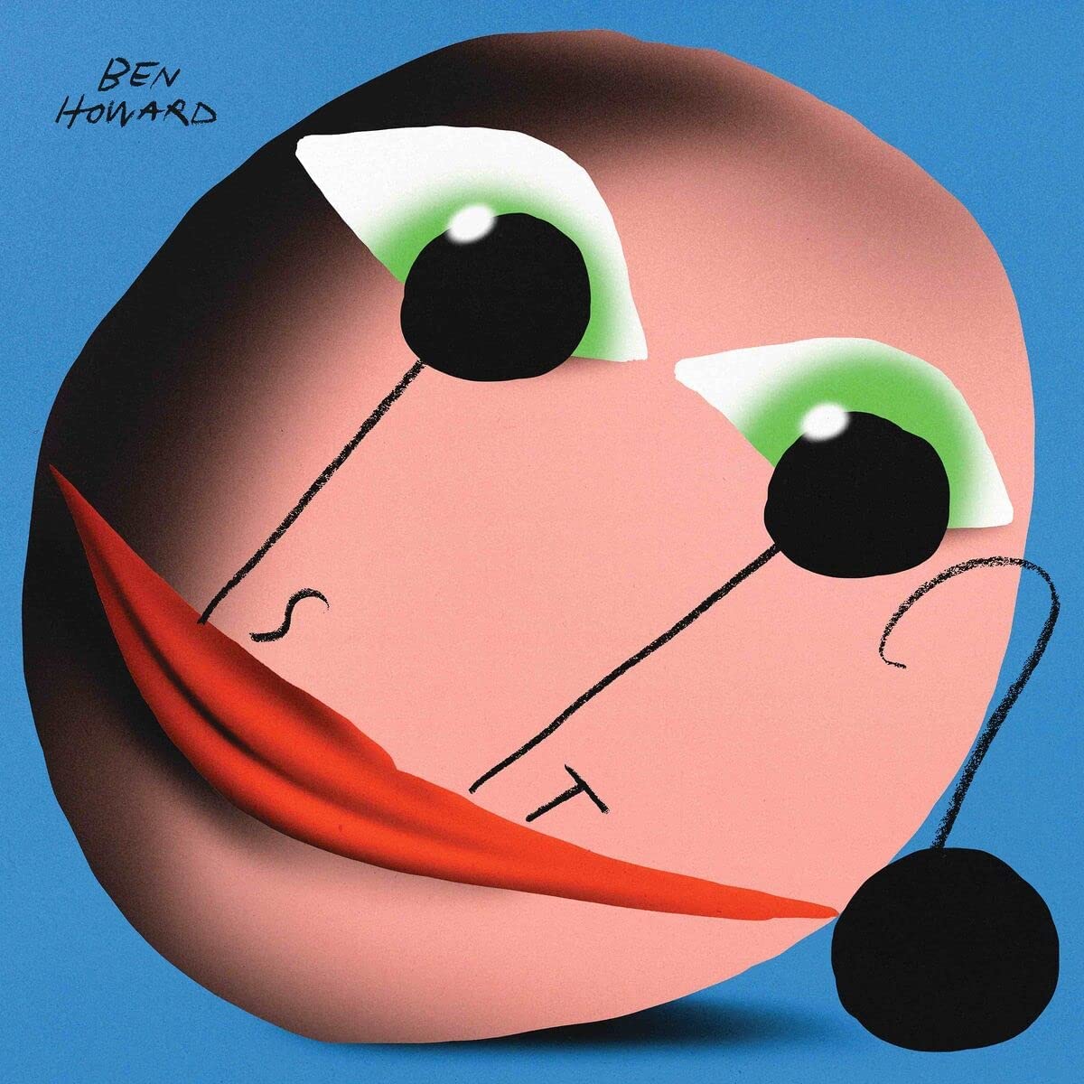 "Album cover art featuring a cartoon face with green eyes and red tongue on blue background."