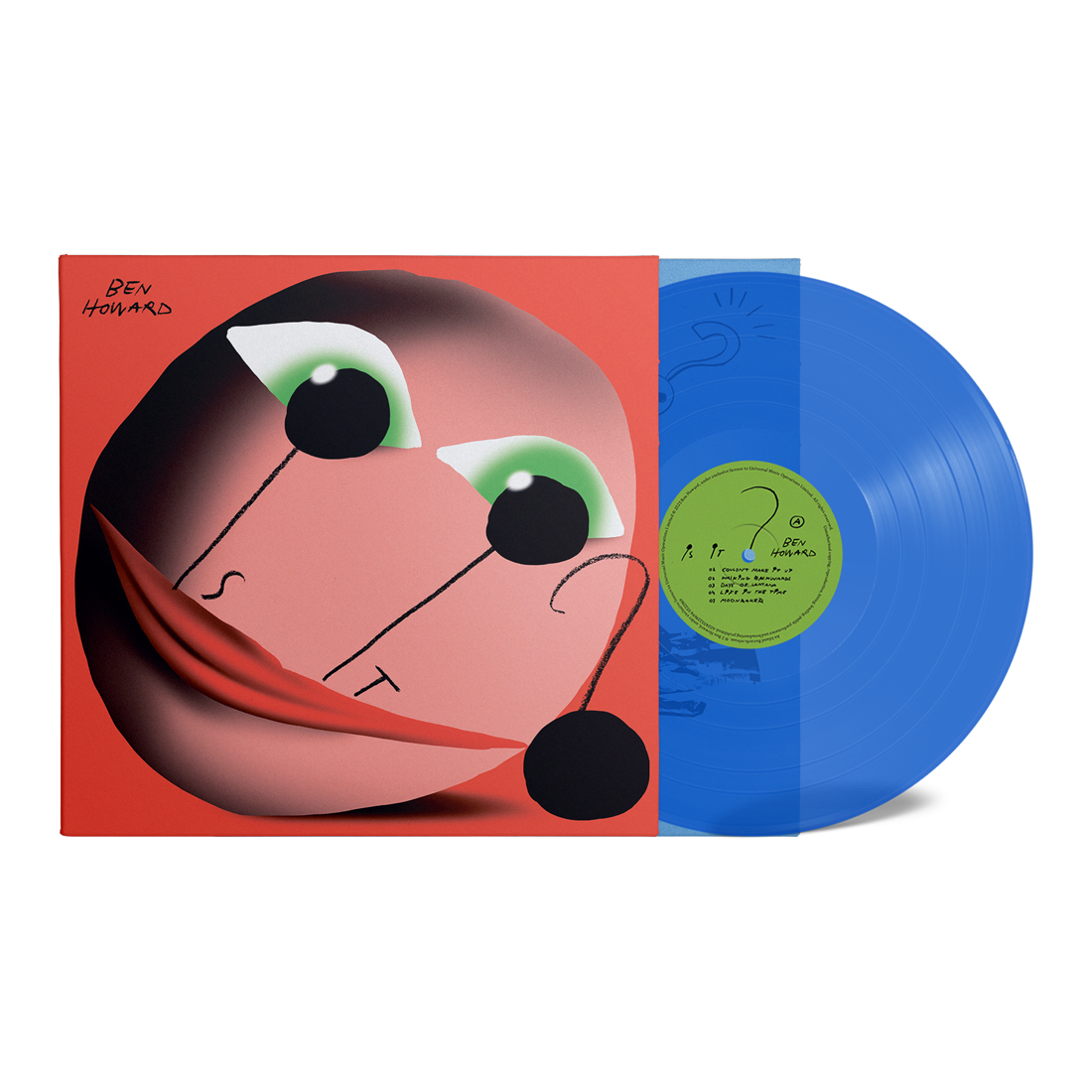 "Blue vinyl record with a red album cover featuring a cartoon face."