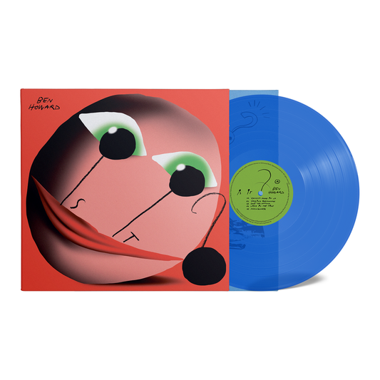 "Blue vinyl record with a red album cover featuring a cartoon face."