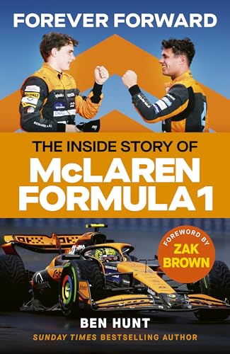 Book cover: McLaren Formula 1 drivers and race car, orange and black design.