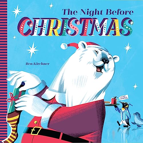 A polar bear dressed as Santa Claus holds a stocking on a blue background.