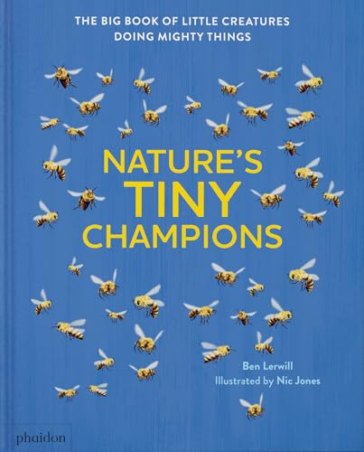 Book cover with blue background featuring many illustrated bees and yellow title text.