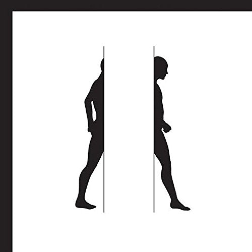 Black silhouettes of two figures leaning towards a white vertical line.