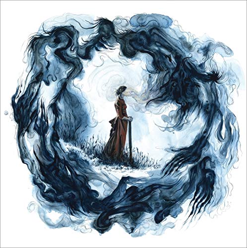 Watercolor illustration of a woman encircled by swirling dark blue smoke.