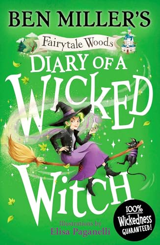 Book cover: a witch on a broom with a black cat, green background.