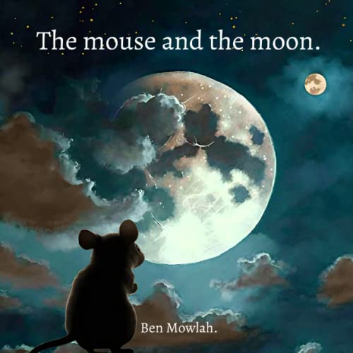 A small mouse looks up at a large, cloudy moon in a night sky.