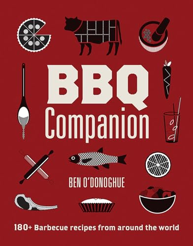 Red cookbook cover with white illustrations of barbecue food and tools.