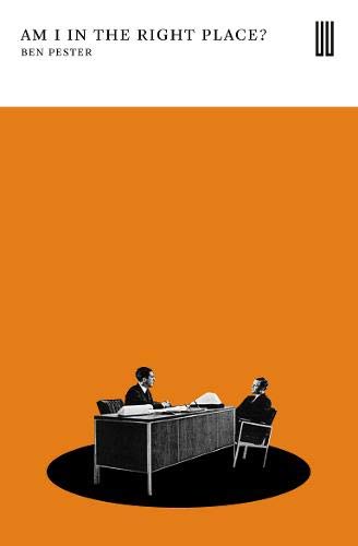 Book cover: two men in suits seated at a table, orange background.