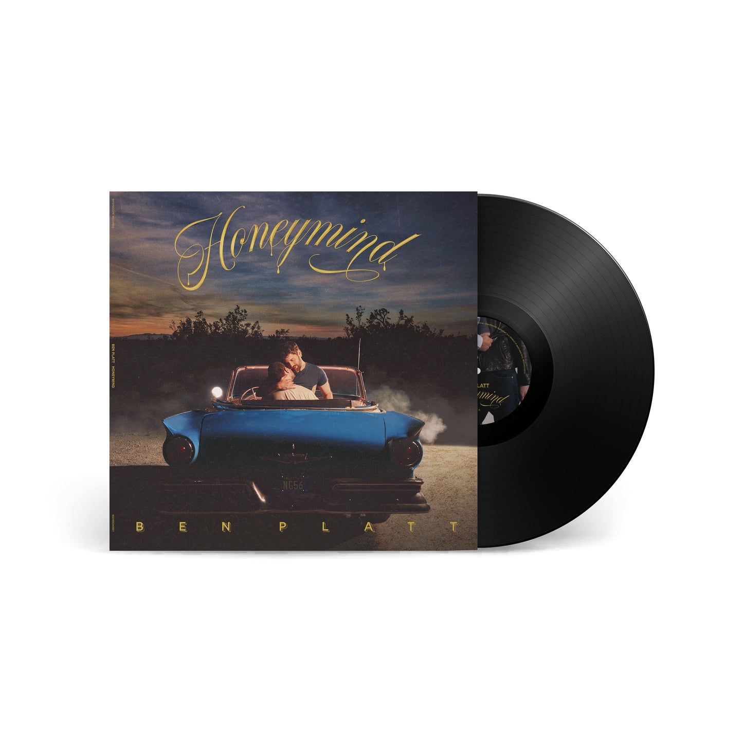 Vinyl record and cover art featuring two men embracing in a blue convertible car.