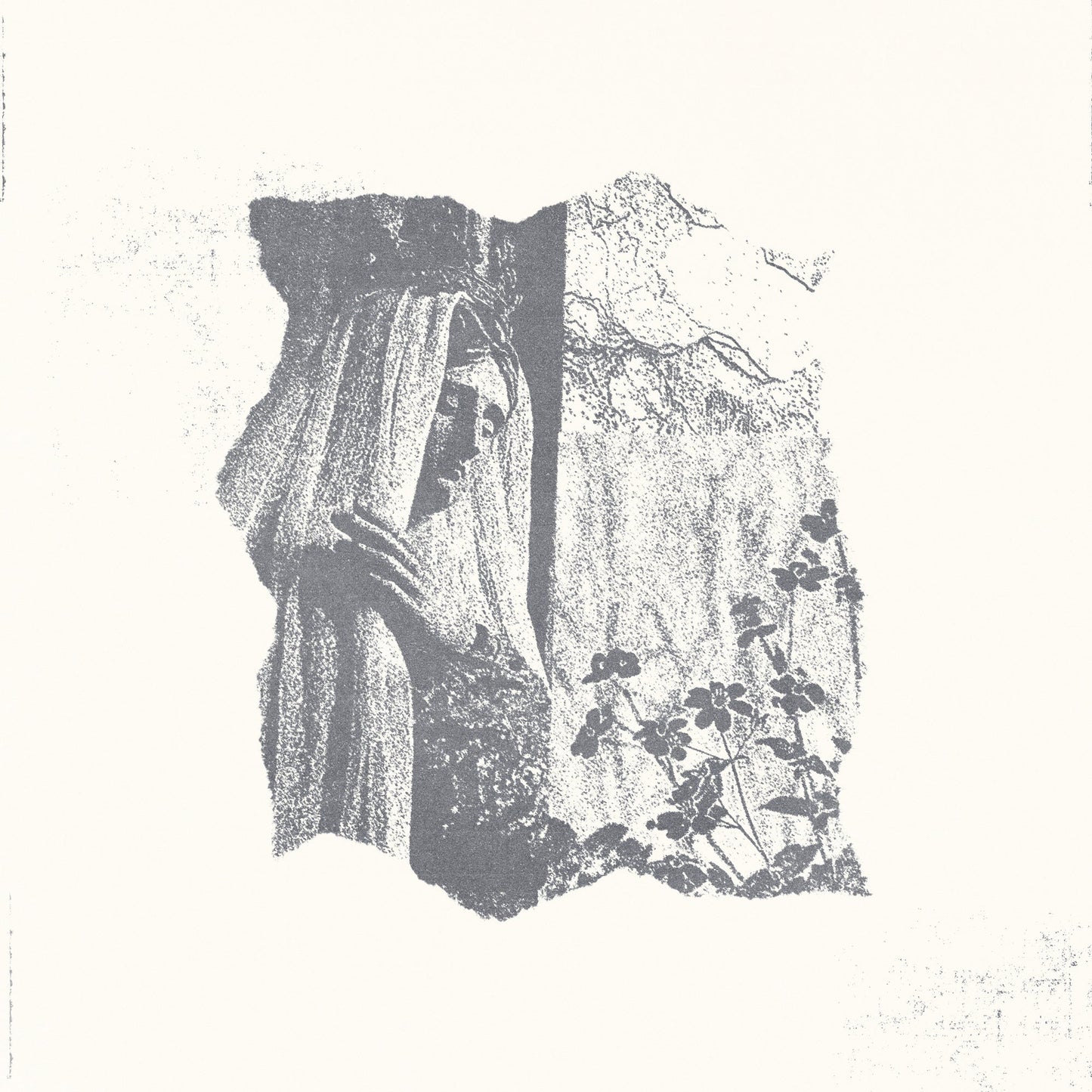 Black and white textured album cover depicting a statue and foliage.