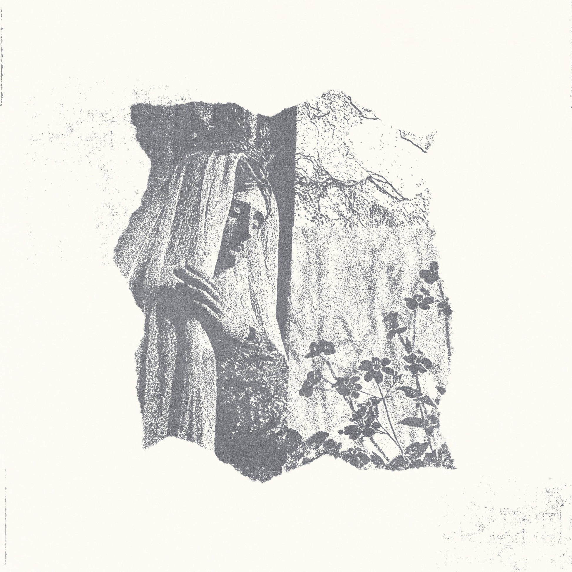 Black and white textured album cover depicting a statue and foliage.