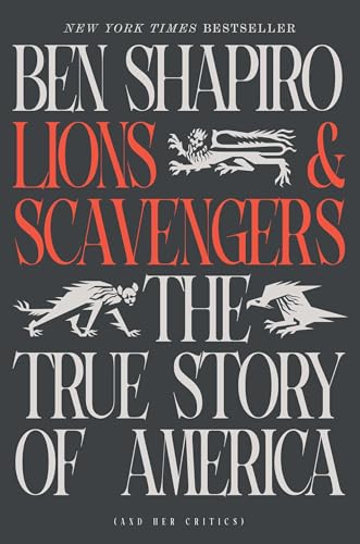 Book cover with red text, lion and scavenger illustrations, dark background.