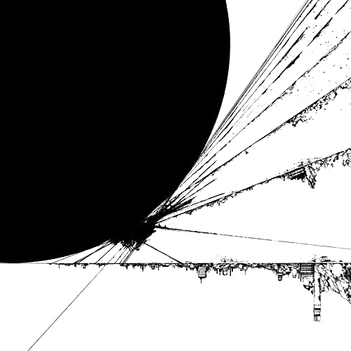 Black and white abstract illustration showing a large dark sphere above an inverted cityscape.