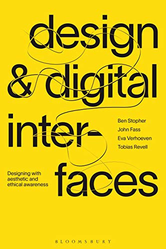 Book cover: "design & digital interfaces" in bold, modern typography, yellow background.
