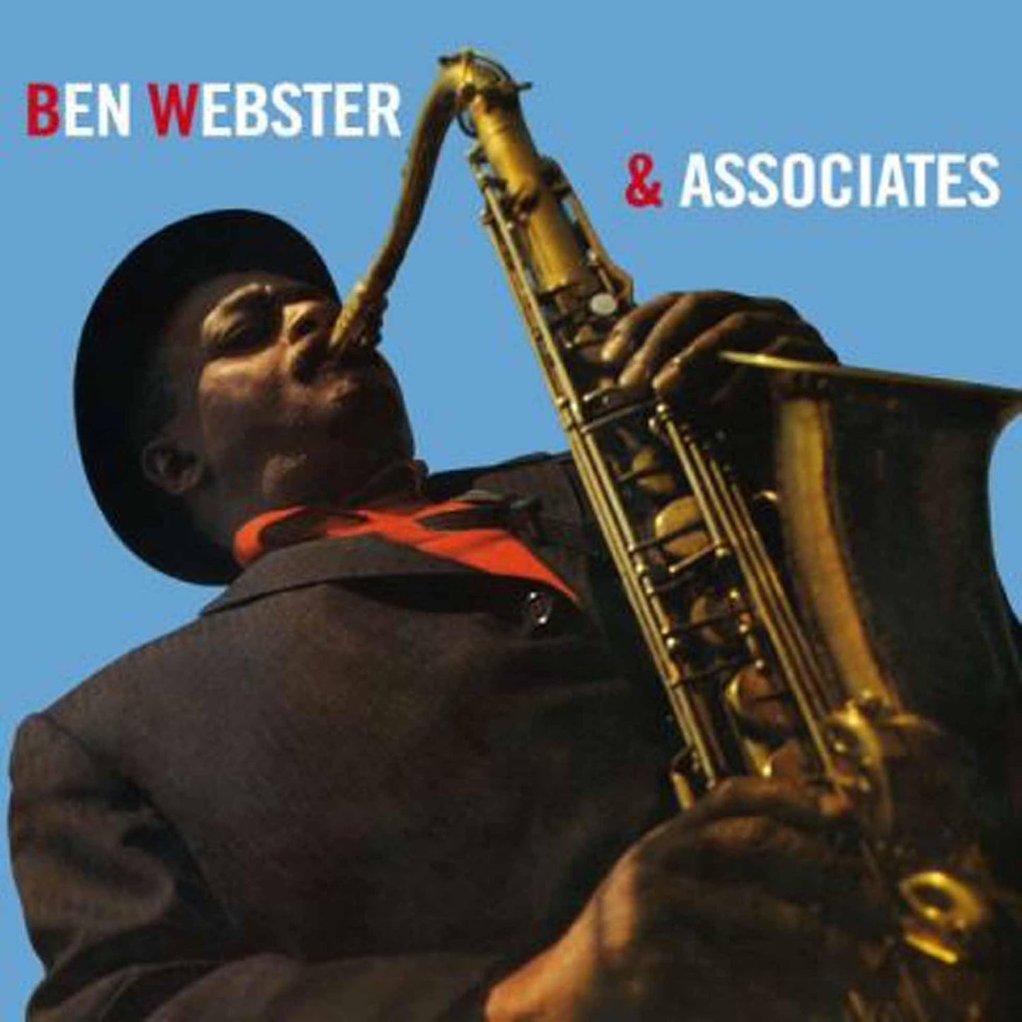 Ben Webster playing a saxophone, album cover with blue background.
