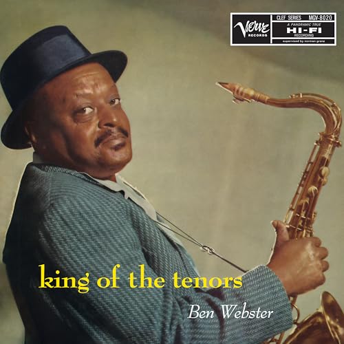 Ben Webster in a hat with a saxophone, album cover art.