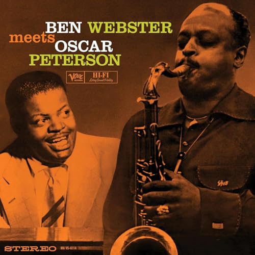 Ben Webster playing saxophone, album cover for “Ben Webster Meets Oscar Peterson.”