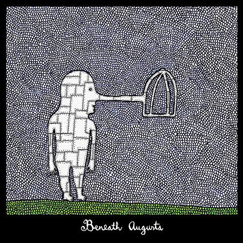 Drawn figure with a long nose extending into a birdcage, dotted background.