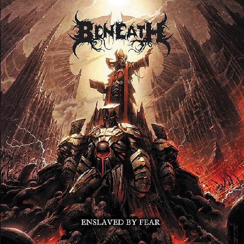 "Album cover art: a knight on a giant robot amidst a fiery, apocalyptic landscape."