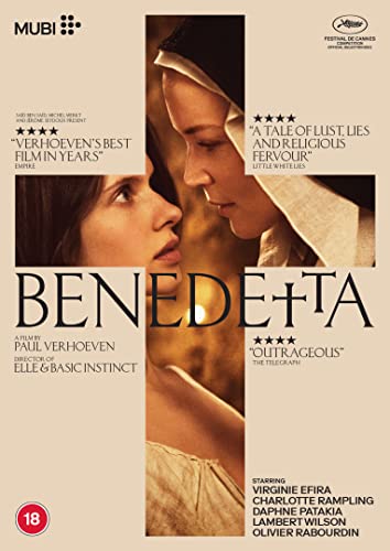 DVD cover for "Benedetta" featuring two women in religious garments.