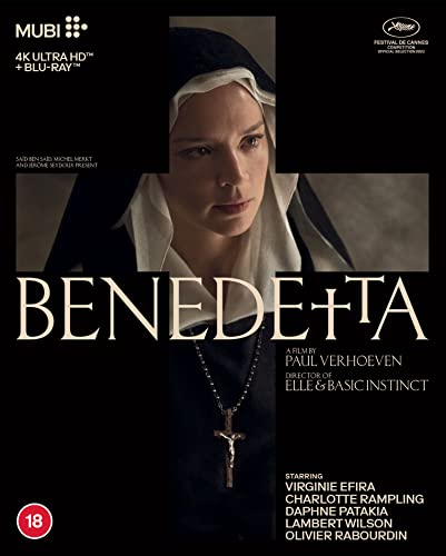 "Benedetta" Blu-ray cover featuring a nun with a cross necklace against a black background.
