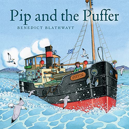 Book cover depicting a black boat with a child and seagulls at sea.