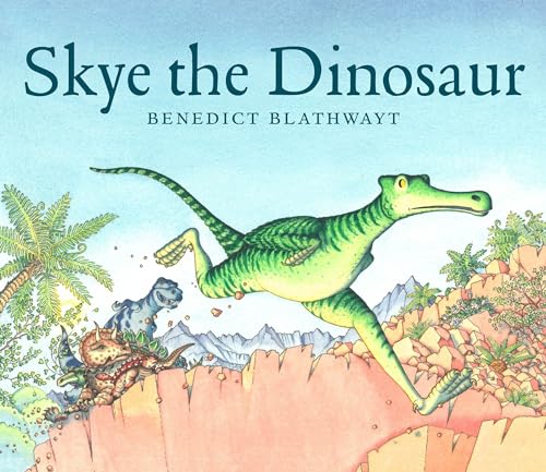 Book cover: green dinosaur running, with other dinosaurs and landscape.