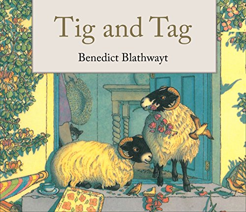 Book cover illustration featuring two sheep standing in a doorway with flowers and birds.