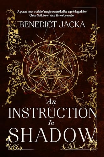 Book cover for An Instruction in Shadow with gold geometric patterns on dark red.
