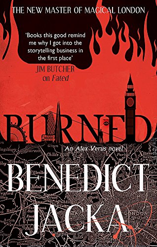 Book cover: “Burned” by Benedict Jacka, featuring flames and London landmarks.