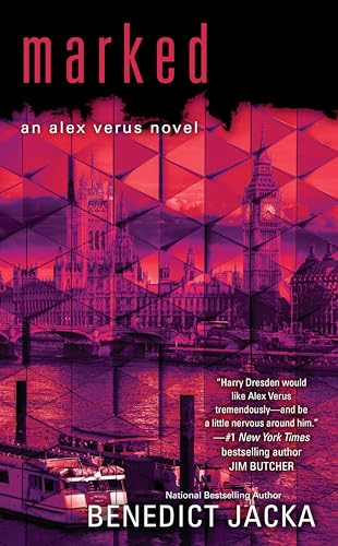 Book cover for "Marked" by Benedict Jacka, featuring London landmarks in red.