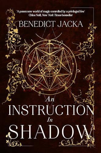 Book cover with gold geometric symbols and floral patterns on a dark red background.